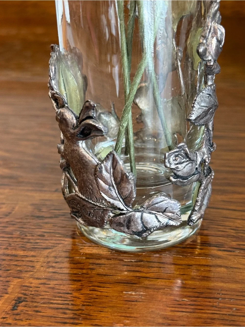 1995 Arthur Court Bunny & Roses Bud Vase Cast Aluminum with Faux Burgundy Stems